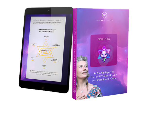 Soul Plan Report von Sandra Hirsch als Tablet-Ansicht und gedrucktes Exemplar mit Seelenplan-Diagramm